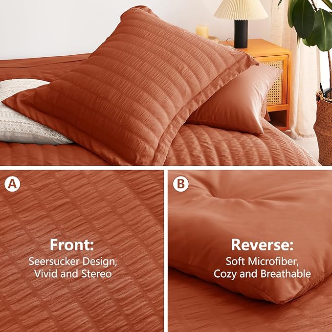 CozyLux Oversized King Comforter Set Burnt Orange Seersucker 7 Pieces 120x98 Bed in a Bag Comforter Set with Sheets, Terracotta Bedding Set with Down Alternative Comforter, Sheets, Pillowcases & Shams