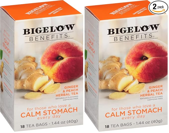 Bigelow Tea Benefits Calm Stomach Ginger Peach Herbal Tea, Caffeine Free, 18 Count (Pack of 12)