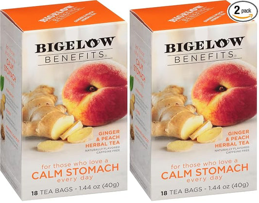 Bigelow Tea Benefits Calm Stomach Ginger Peach Herbal Tea, Caffeine Free, 18 Count (Pack of 12)