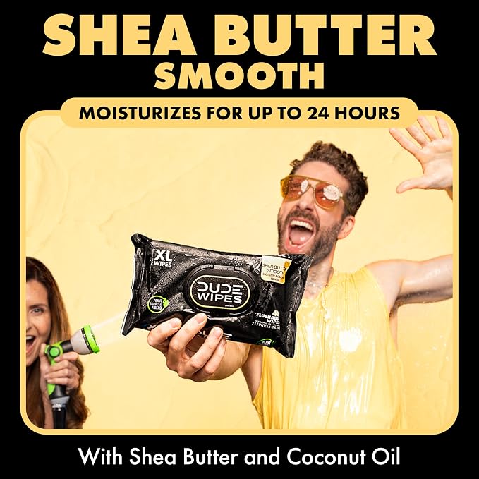DUDE Wipes Shea BUTTer Flushable Wipes - Extra-Large Adult Wet Wipes - 6 Pack (288 Count) - Infused with Coconut Oil, Vitamin E, and Aloe - Septic and Sewer Safe