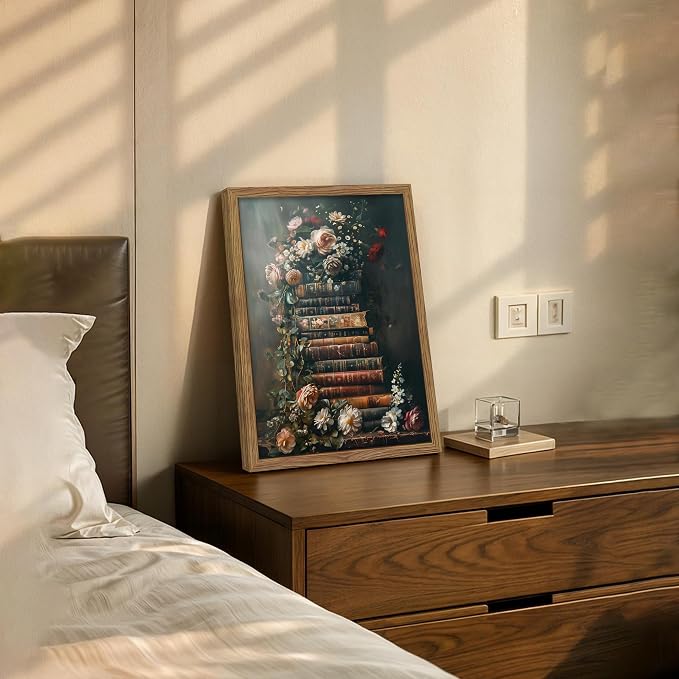 Vintage Framed Wall Art Flowers Books Canvas Prints, Dark Academia Wildflowers Oil Painting, Botanical Book Pictures Artwork for Living Room Bedroom Study – Dark Wooden Frame 16x24in