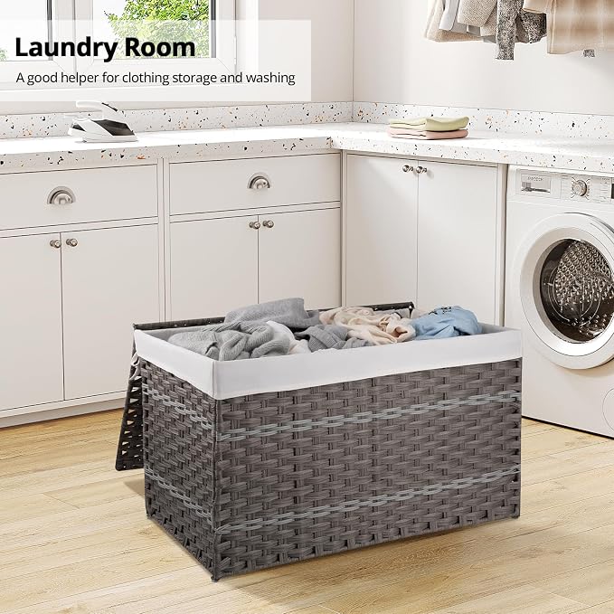 OIAHOMY Storage Basket with Lid, 42.3 Gallon (160L) Blanket Basket with Removable Liner Bag, Synthetic Wicker Hamper with Handle, Foldable, Hamper for Living Room, Grey