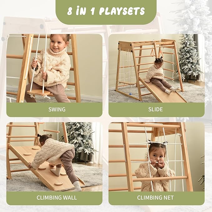 Indoor Playground 8-in-1 Jungle Gym Toddler Climbing Toys with Slides and Play Table Wooden Rock Climbing Ladder with Rope Wall Swing Rings Kids Slides Playset Natural Wood As Shown One Size