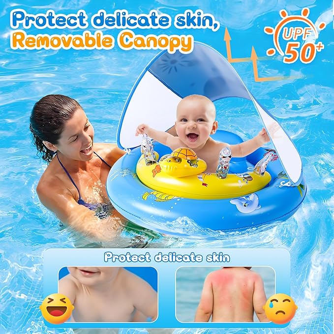 Baby Pool Float,Extra Wide Infant Pool Float,Baby Floaties 6-12 Months,Toddler Swim Float with Canopy Removable UPF50+ Sun Protection＆Toy Play Console,Adjustable Safety Seat,Toddler Floaties (Blue)