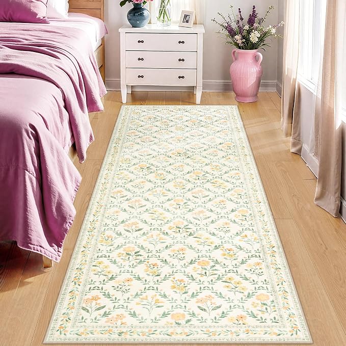 Runner Rug for Entryway: 2x5 Kitchen Rugs Non Slip Washable Ultra-Thin Soft Floral Carpet Indoor Floor Stain Resistant Carpets for Hallway Bedroom Kitchen Laundry Bathroom Dorm Beige/Multi
