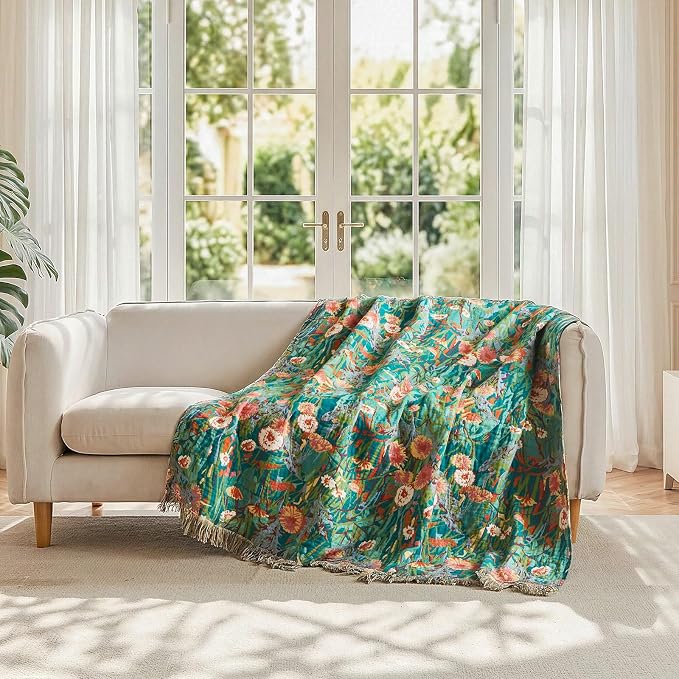 LUTBM Boho Throw Blanket for Couch 50"x60", Cotton Decorative Bed Throw | Reversible Florals Embroidery, All-Season Lightweight Breathable Blankets, For Chair Sofa Living Room Bedroom