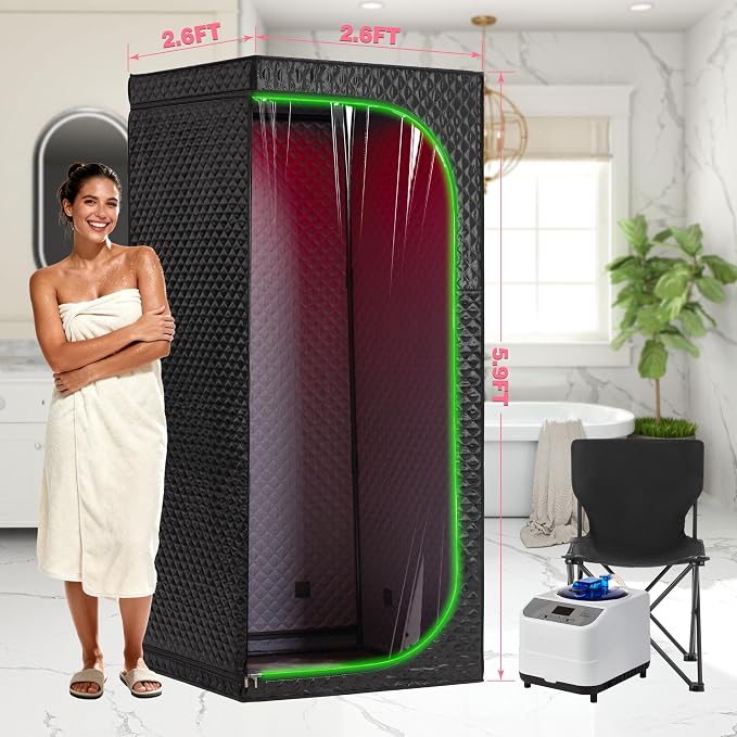 Steam Sauna Tent for Home with Transparent Door, Portable Indoor Sauna with Powerful Steam Heating, Foldable Personal Spa for Relaxation (Single Rectangular – Red Light,Black)