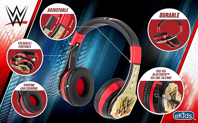 eKids WWE Bluetooth Headphones, Wireless Headphones with Microphone Includes Aux Cord, Kids Earphones for School, Home, or Travel