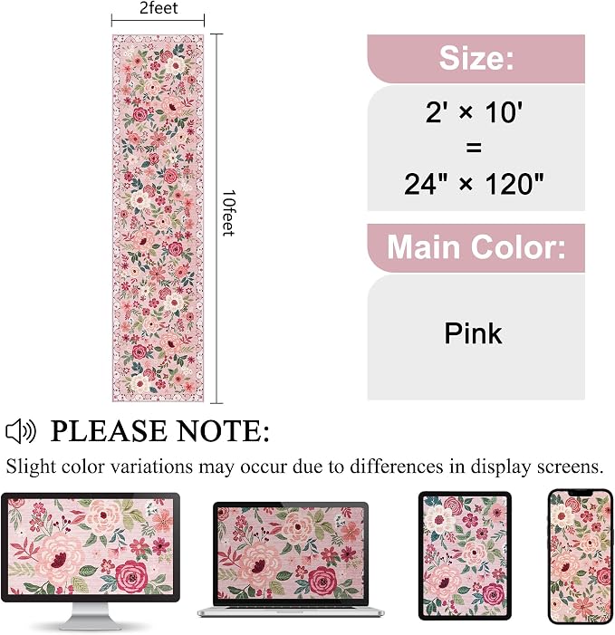 DUKINO 2x10 Runner Rug, Floral Washable Kitchen Runner Rug Non Slip, Pink | Soft, Low Pile, Stain Resistant Indoor Rug Runner for Hallway, Entryway, Bedroom, Bathroom, Laundry, Pet Friendly, Home Decor