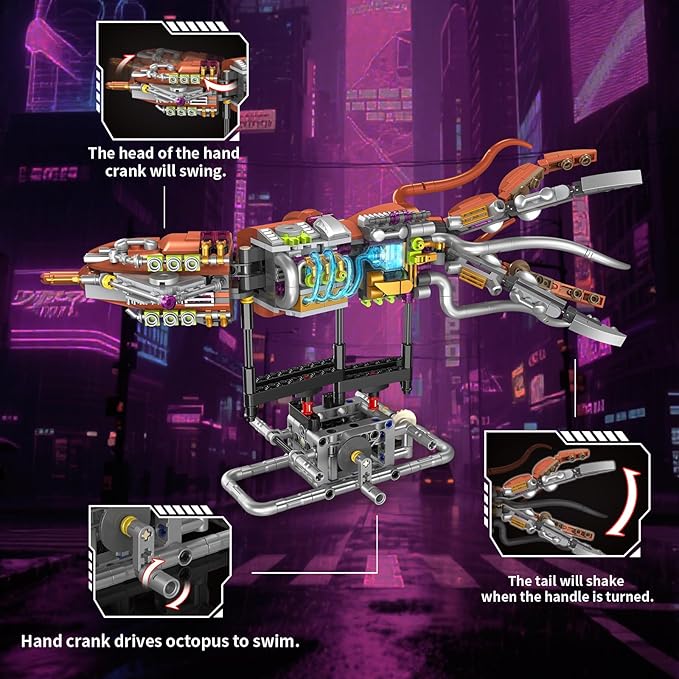 Mechanical Squid Building Set with Lights, Rotatable Link Components & Display Stand, STEM Building Set for Boys and Girls 8-14, Home Office Decor for Adults, Mechanical Enthusiasts（633PCS）