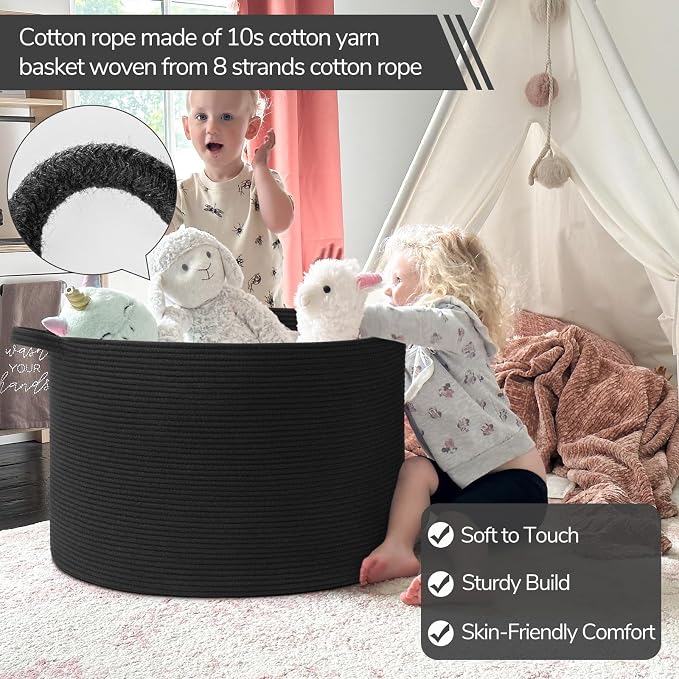 INDRESSME 115L Extra Large Woven Rope Blanket Basket Living Room, Black | 23.6" x 15.7" Storage baskets for toys laundry & pillows. Fits living room, bedroom or nursery décor. Soft-touch with handles