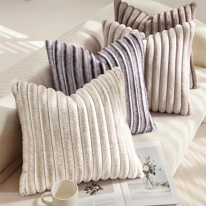 decorUhome Fall Faux Fur Throw Pillow Covers 18x18 Set of 2 Beige White | Decorative Soft Cozy Striped Plush Modern Farmhouse Boho Couch Pillow Cases Velvet Back for Sofa Bed Living Room Home Decor