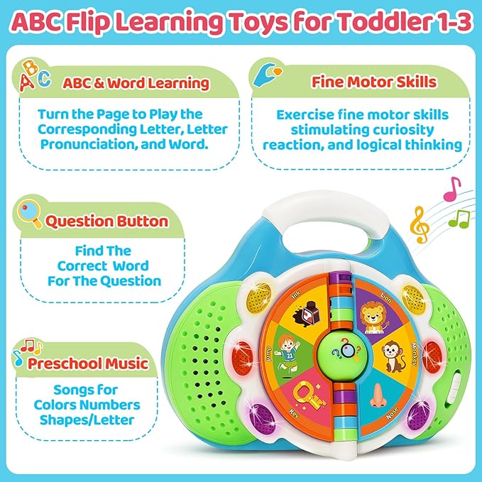 BainGesk Learning Toys for 1 2 3 Year Old Boys Girls, Alphabet Flip Toys with Sound and Light, Musical Educational Toys for Toddlers 2-3, Christmas Birthday Gift for Baby Age 12-18 Months