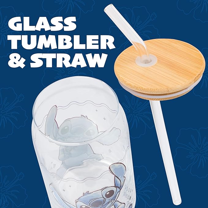 Silver Buffalo Disney Lilo and Stitch Sitting Glass Jar Tumbler with Bamboo Lid and Glass Straw, 16 Ounces