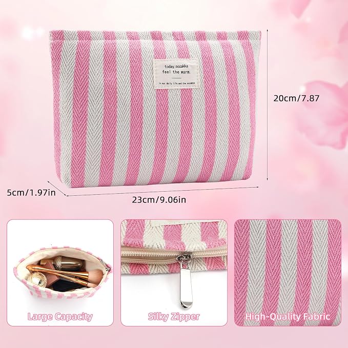 ZLFSRQ Striped Makeup Bag Large Canvas Travel Makeup Bag for Women Cosmetic Pouch Cute Pink Striped Make Up Pouch for Purse Y2k Aesthetic Trendy Zippered Toiletry Bags Gift Skincare Storage Organizer