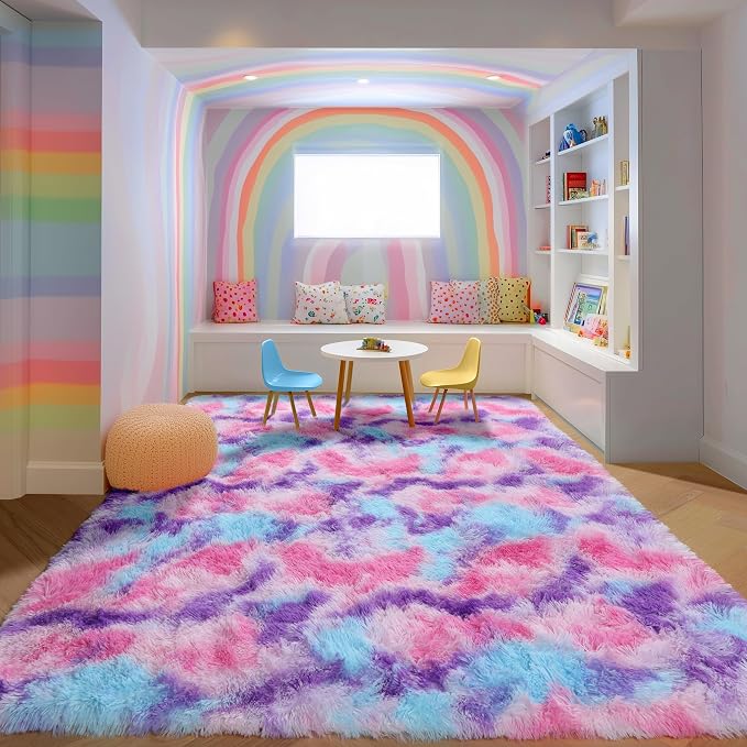 PAGISOFE Ultra Soft Rainbow Area Rugs for Bedoom Girls, 3x5 Ft, Fluffy Cute Colorful Pastel Princess Carpet for Kids Teens Nursery, Dorm Rug for Room Decor Aesthetic, Hot Pink Purple Bedroom Decor