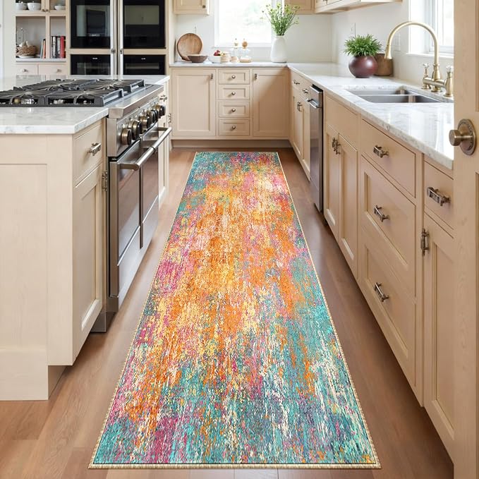 RELEANY Washable Area Rugs 2'x6' Non-Slip Modern Abstract Soft for Living Room Entryway Bedroom Kitchen, Print Pattern, Orange Blue Pink Yellow Colorful
