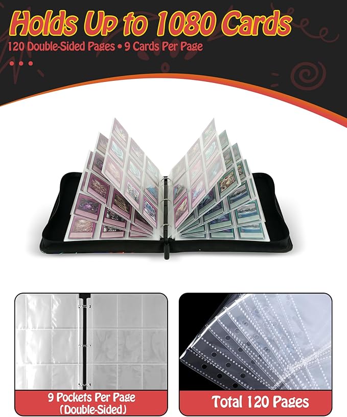 Trading Card Binder, 9-Pocket, Holds 1080 Cards, 120 Pages Side-Loading Card Album, PU Leather, Acid-Free Archival Sleeves, Durable Organizer for MTG, TCG & Sports Cards, Gift for Kids, Boys and Girls