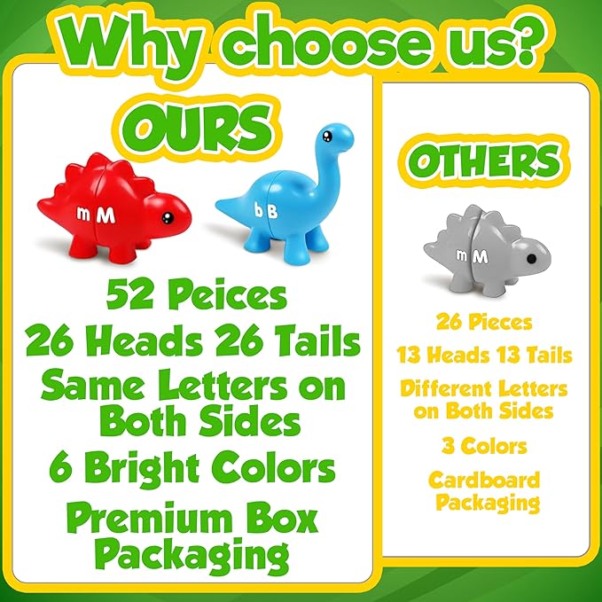 Dinosaur Alphabet Learning Toys - 52pc in Storage Box | 26 Double Sided Dino Matching Toys | Preschool Dinosaur Letter Matching Toy for Toddlers 3-5