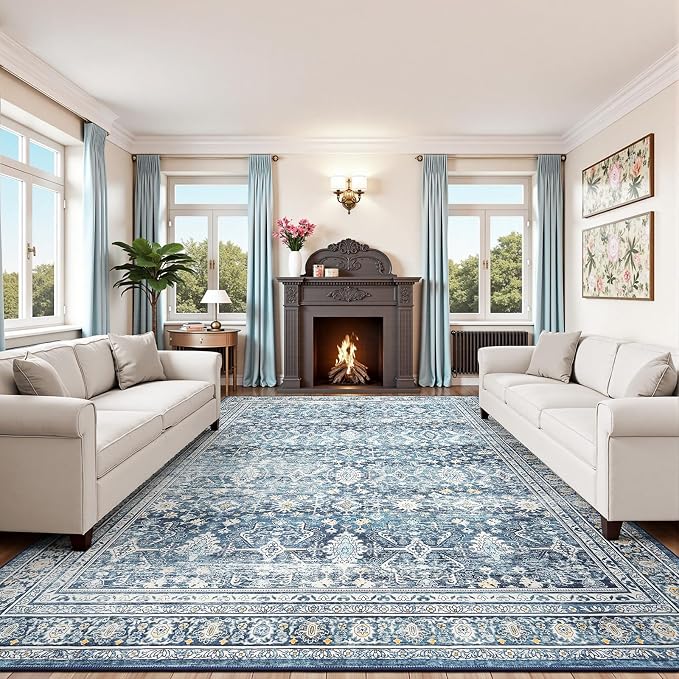 10x14 Area Rugs for Living Room, Washable Non-Slip Blue Large Carpet | Soft Area Rug for Dining Room Home Office Indoor Nursery, Stain Resistant, Low Pile, Vintage Boho Distressed Rug
