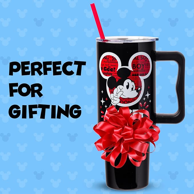 Silver Buffalo Disney Classic Mickey Mouse Hashtag Current Mood “#currentmood” Double Walled Stainless Steel Tumbler with Handle and Straw, Fits in Standard Cup Holder, 40 Ounces