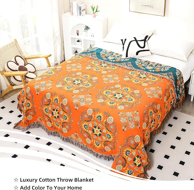 VANJOROY Boho Large Throw Blanket, 100% Organic Muslin Cotton Breathable Soft Bed Throw - Floral Farmhouse Decor Blanket for Sofa Couch Chair and Gift. 80" x 90"- Orange