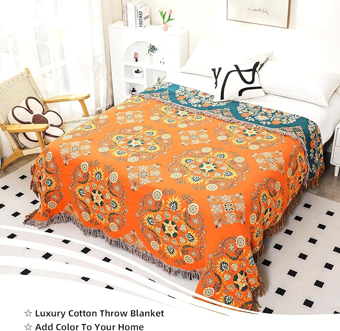 VANJOROY 100% Cotton Throw Blanket, Muslin Breathable Soft Bed Quilt Orange Throw - Bohemian Floral Farmhouse Decor Blanket for Sofa Couch Chair and Gift. 50" x 60"
