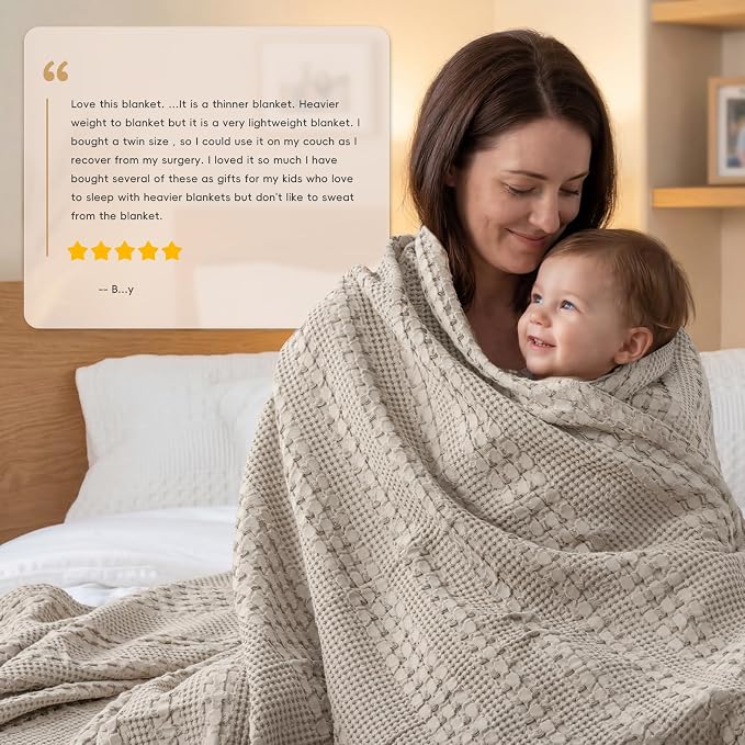 PHF 100% Cotton Waffle Weave Blanket King Size, Lightweight Breathable Summer Blanket for Hot Sleepers, Pre-Washed Soft Layer for Bed, Couch, Home Decor Gift, 108"x90", Pearl Gray