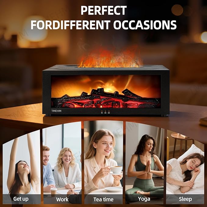 TMEHM Fireplace Flame Air Diffuser Humidifier,7 Colors Aromatherapy Essential Oil Diffuser,Ultrasonic Aroma Humidifier with Timer for Home,Bedroom,Office,Yoga (Black)