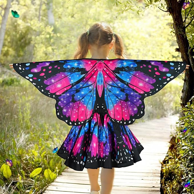 Butterfly Costume for Girls Fairy Wings Kids 4 Pcs(Cape,Skirts,Masks,Hair Clips) Butterfly Wings for Halloween Gifts