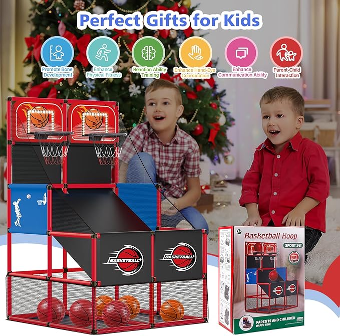 M SANMERSEN Kids Double Basketball Hoop Arcade Game Set with 6 Balls Electronic Scoreboard LED Light, Indoor & Outdoor Play, Birthday/Halloween for 3-8 Year Old Boy and Girl