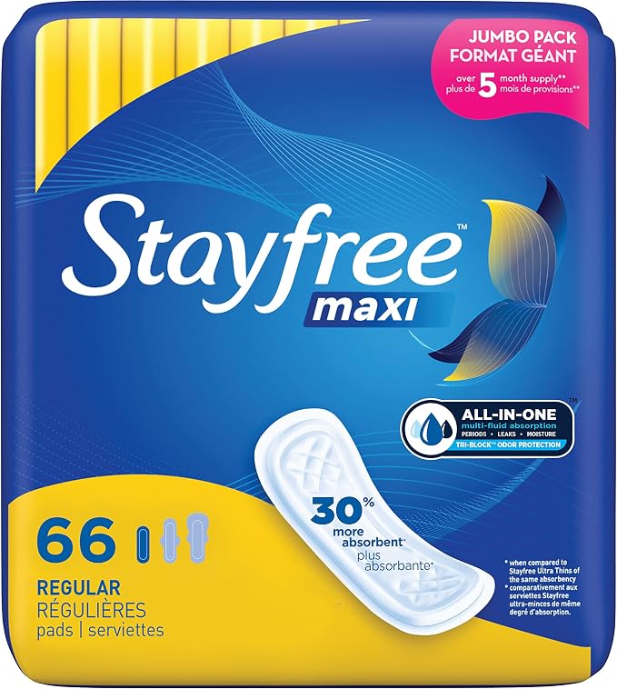 Stayfree Maxi Regular Pads for Women, Wingless, Reliable Protection and Absorbency of Feminine Periods, Scented, White, 66 count