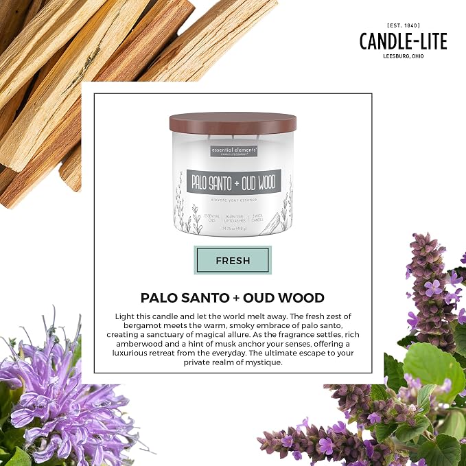 Candle-lite Essential Elements Scented Candles, Palo Santo & Oud Wood, 14.75 oz Jar, Proudly Poured in the USA, Aromatherapy, 3-Wick with 45 Hours of BurnTime, Perfect for Creating a Relaxing Ambiance
