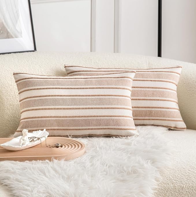Cethom Decorative Boho Lumbar Throw Pillow Covers, Farmhouse Textured Pillow Case, 12 x 20 Inch Set of 2, Chair Sofa Bedroom Living Room Home Decor Couch Cushion Case, Brown and Beige