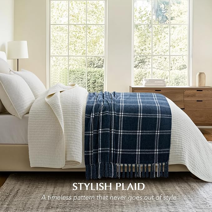 Plaid Chenille Knit Throw Blanket, 50"x60", Navy & White | Soft Knitted Throw with Tassels, Cozy, Lightweight, Windowpane Grid Plaid, Decorative Farmhouse Throw for Couch Bed Sofa Gift
