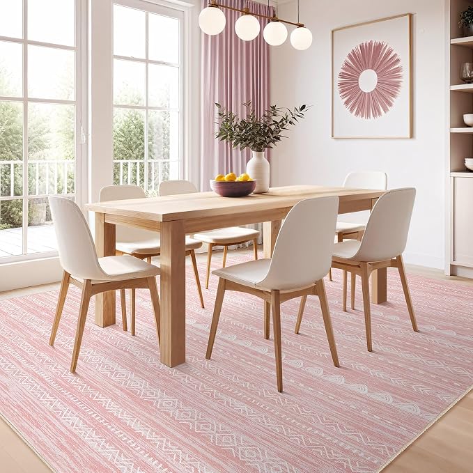 Nakagishi Boho 7x9 Area Rug Living Room Rugs Machine Washable Pink | Soft, Pet & Kid Friendly, Carpet for Living Room/Bedroom/Office/Kitchen/Nursery, Daily Home Decor Stain Resistant Moroccan