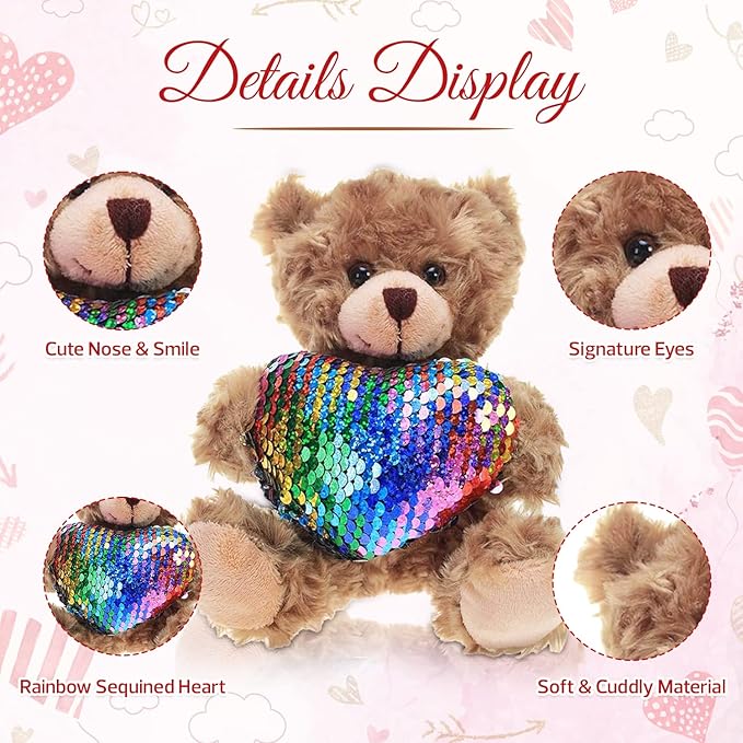 Plush Stuffed Animal Mocha Heart Bear – Love You Bears- Toy for Kids & Adults Valentine's Day - Embroidered Heart Pillow (6 Inch, Colorful Heart)