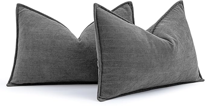 MIULEE Pack of 2 Dark Grey Decorative Lumbar Chenille Pillow Covers 12x20 | Soft Couch Throw Pillows,Farmhouse Cushion Covers with Elegant Design for Sofa,Bedroom,Living Room,Spring Home Decor