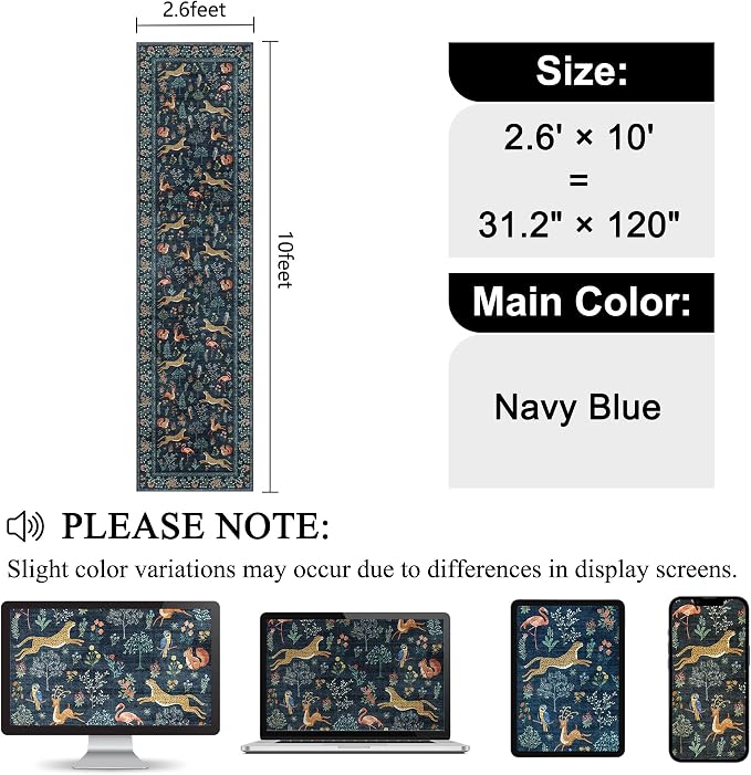 DUKINO 2.6x10 Washable Runner Rug Non Slip Animal Rug for Hallway Navy Blue | Soft, Low Pile, Non-Shedding Indoor Carpet Runner for Entryway, Kitchen, Bedroom, Bathroom, Pet Friendly, Stain Resistant
