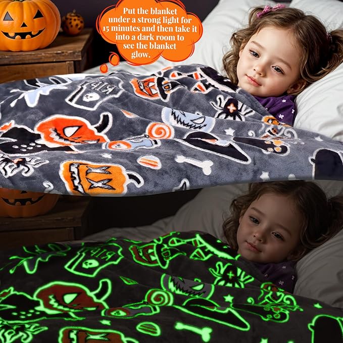 Halloween Blanket Cozy Soft Lightweight Fleece Fall Pumpkin Throw Blankets Glow in The Dark Blankets Gifts Decor for Girls Boys Teens Kids Women Birthday
