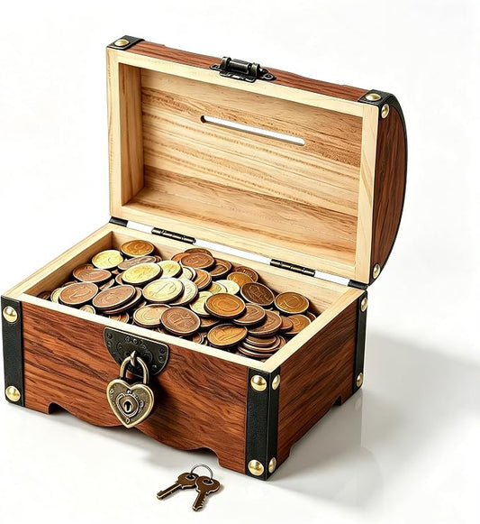 Toyvian Vintage Wooden Pirate Treasure Chest, Antique Jewelry Keepsake Organizer Box with Lock Decorative Storage Trunk for Necklaces Earrings Rings Trinkets Unique Gift for Women Men