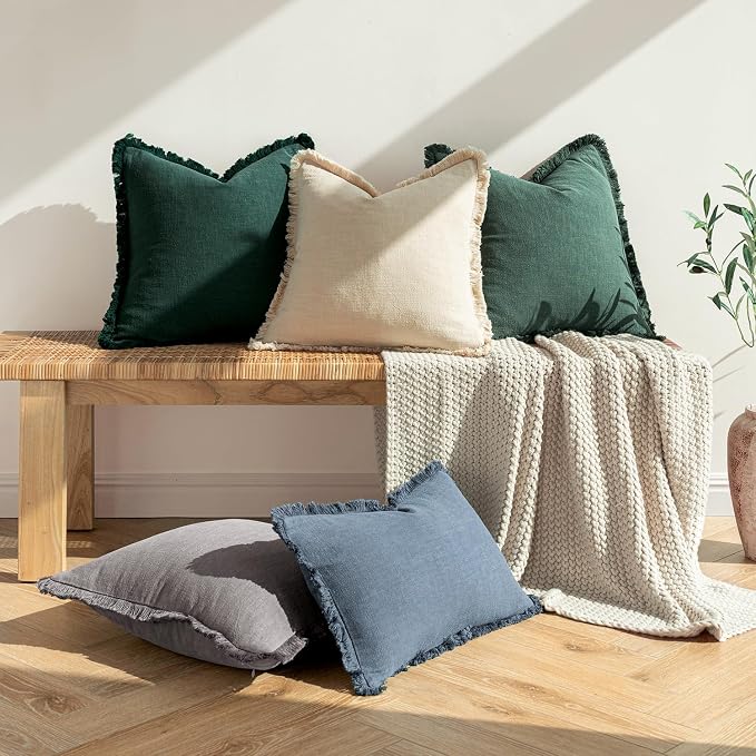 MIULEE Boho Linen Fringe Decorative Lumbar Throw Pillow Covers Beige 12x20 | Set of 2, Cottagecore Decor, Boho Farmhouse Neutral Pillow Covers, Rustic Couch Cushion Cases for Sofa Bed Living Room