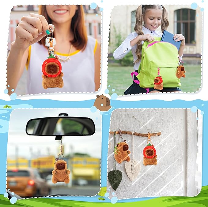 Achwishap 2PCS Capybara Plush Keychain,Cute Keychain Capybara Stuffed Animal,Soft Capybara Plush Toys Key Chain,Kawaii Plushie Stuffed Toys for Kids Adults Birthday(Turtle,Strawberry Hat)