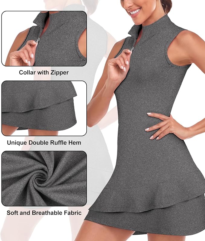 Viracy Tennis Dress for Women Sleeveless Golf Dresses with Shorts and Pockets Ruffle Zip Up Stand Collar Golf Outfits
