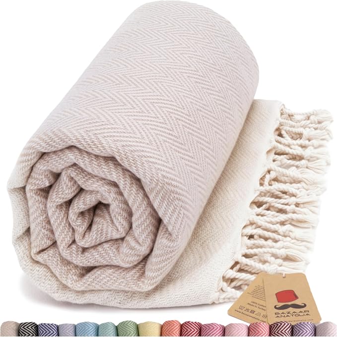 Bazaar Anatolia Turkish Beach Towel 100% Cotton Bath Towels 71x39 Quick Dry Sand Free Lightweight Large Oversized Herringbone Beige