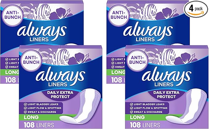 Always Panty Liners for Women Anti-Bunch Xtra Protection Daily Liners, Long, Unscented 108 Count (Pack of 4)
