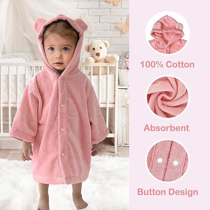 VOOVA & MOVAS Toddler Bath Towel with Bear Ear Hood, 0-3Years | 100% Cotton, Ultra-Soft & Absorbent | Gentle for Sensitive Skin, Bathroom, Pool & Beach Towel | Newborn, Coral