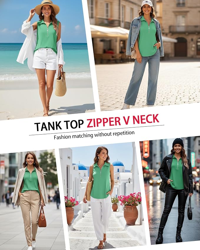 Vivilli Womens Ribbed Tank Top Zipper V Neck Dressy Casual Blouses Sleeveless Camisole Tops Work Tank Polo Shirts