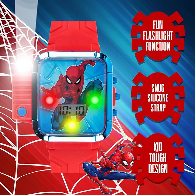 Marvel Spider-Man Flashlight Watch for Kids – Light-Up Fun with LCD Display, LED Flashlight, and Durable Silicone Band