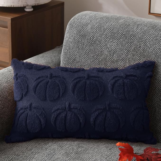DFXSZ Fall Pillow Covers 12x20 2Pcs Navy Blue Pumpkin Fall Decorations | Fall decor Set of 2 Throw Pillow Cases Soft Plush Faux Fur Wool Couch Cushion for Chair Sofa Bedroom Living Room Home Decor
